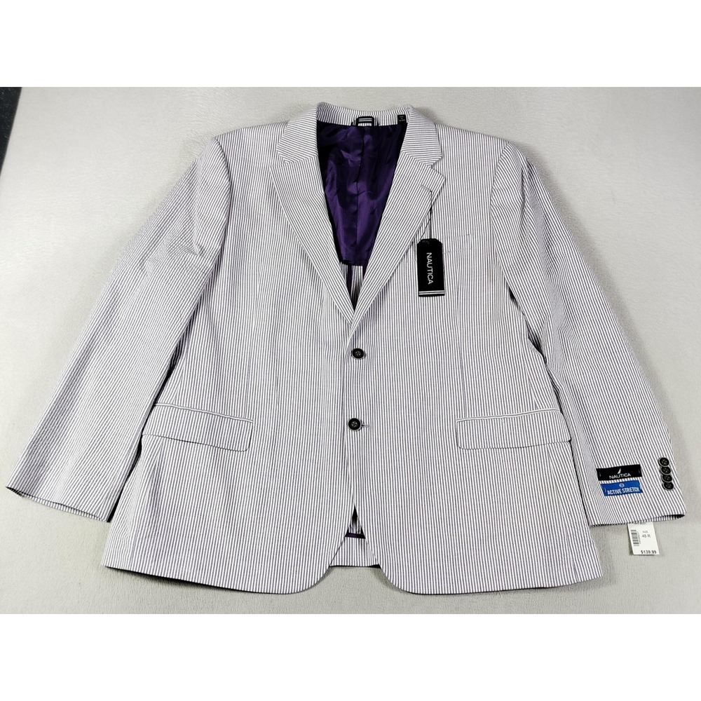 Nautica Blazer Mens 48R Purple White Striped Modern Fit Sport Coat Office
